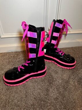 Black Patent Platform Lace-Up Boots with Hot Pink Accents